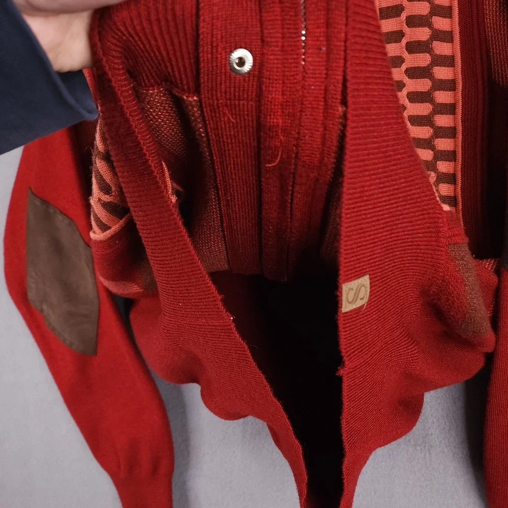 Silversilk Sweater Mens‎ Large Red Geometric Full Zip Suede Trim Elbow Patches L